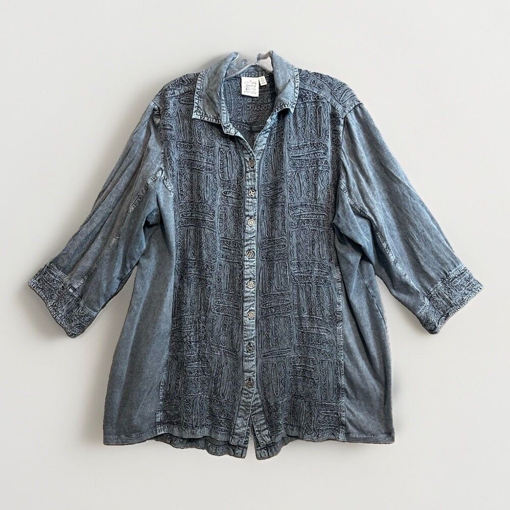 Parsley & Sage 2X Mineral Wash Top Button Front n Back Embroidered Shirt Artisan